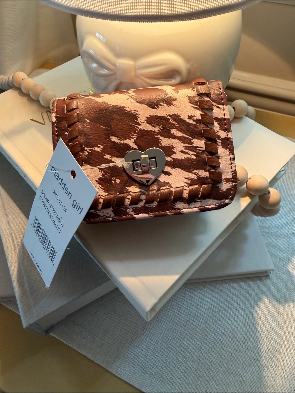 Madden Girl Brown Cow Print Heart Turn Lock Wallet NWT